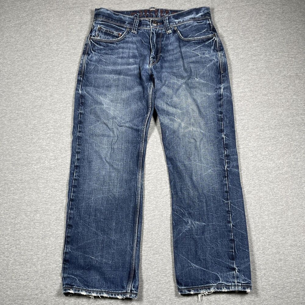 Decree Jeans Mens 34x30 Blue Medium Wash Straight Distressed Frayed Hem